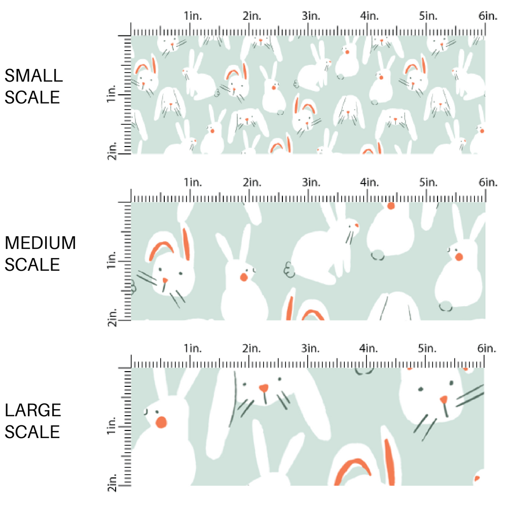 White Bunnies on Pale Sea-foam Green Fabric by the Yard scaled image guide.