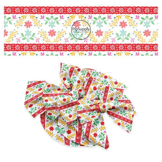 These fiesta floral and stripe pattern themed no sew bow strips can be easily tied and attached to a clip for a finished hair bow. These patterned bow strips are great for personal use or to sell. These bow strips features beautiful flowers and leaves on white in between red stripes.