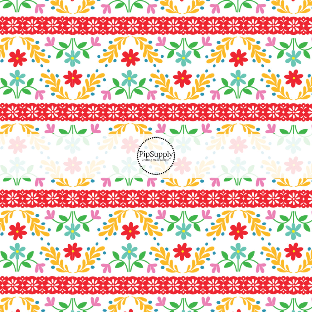 These fiesta floral and stripe pattern themed no sew bow strips can be easily tied and attached to a clip for a finished hair bow. These patterned bow strips are great for personal use or to sell. These bow strips features beautiful flowers and leaves on white in between red stripes.