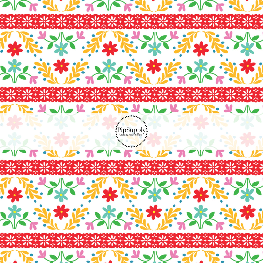 These fiesta floral and stripe pattern themed no sew bow strips can be easily tied and attached to a clip for a finished hair bow. These patterned bow strips are great for personal use or to sell. These bow strips features beautiful flowers and leaves on white in between red stripes.