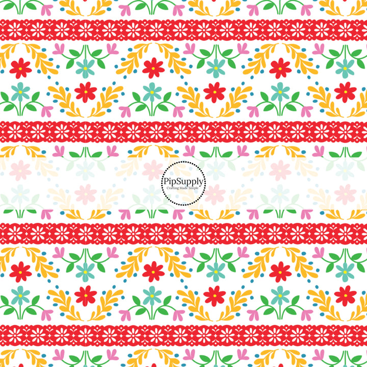 These fiesta floral and stripe pattern themed no sew bow strips can be easily tied and attached to a clip for a finished hair bow. These patterned bow strips are great for personal use or to sell. These bow strips features beautiful flowers and leaves on white in between red stripes.