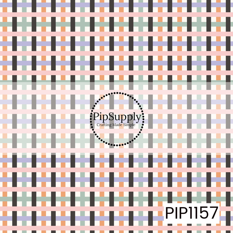 A playful woven plaid pattern featuring black, blush pink, orange, lavender, sage green, and cream. The overlapping lines create a fun retro look with a soft Halloween-inspired color palette.
