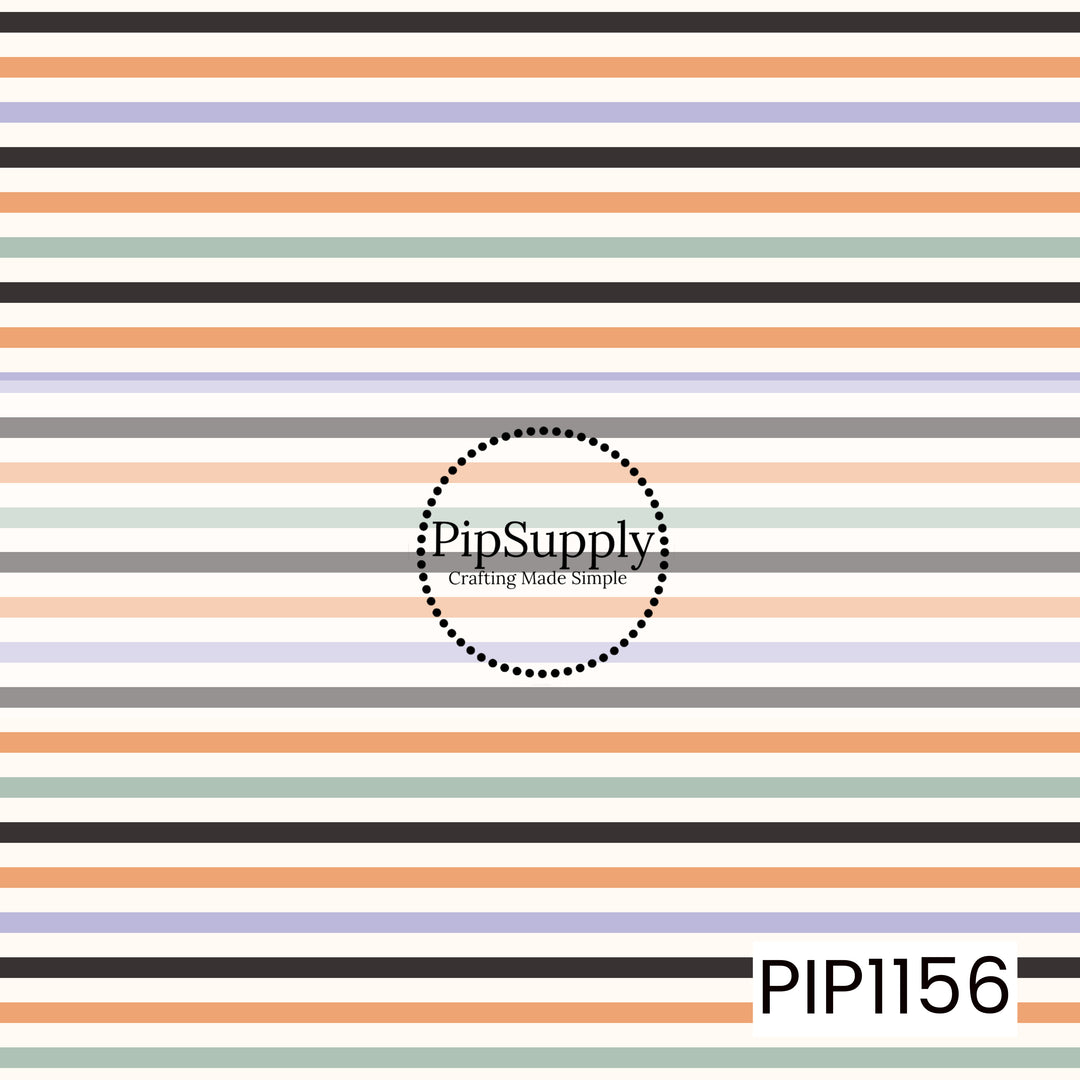 A clean retro stripe featuring black, orange, lavender, sage green, soft peach, and cream. The mix of thin and bold horizontal lines gives it a playful, slightly vintage feel with a subtle Halloween-inspired color palette.
