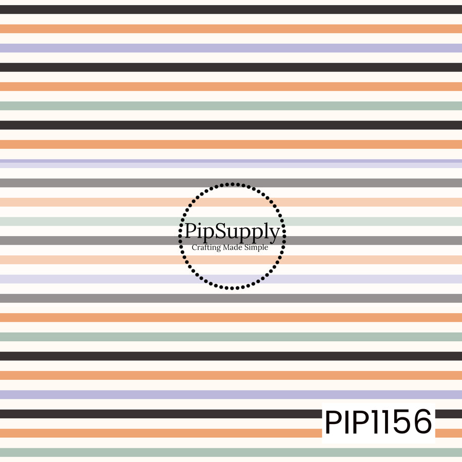 A clean retro stripe featuring black, orange, lavender, sage green, soft peach, and cream. The mix of thin and bold horizontal lines gives it a playful, slightly vintage feel with a subtle Halloween-inspired color palette.
