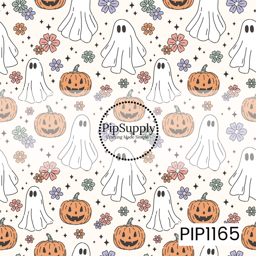 A whimsical Halloween pattern featuring friendly white ghosts, smiling orange pumpkins, and retro florals in coral pink, lavender, sage green, and orange, finished with scattered black stars on a warm cream background.

