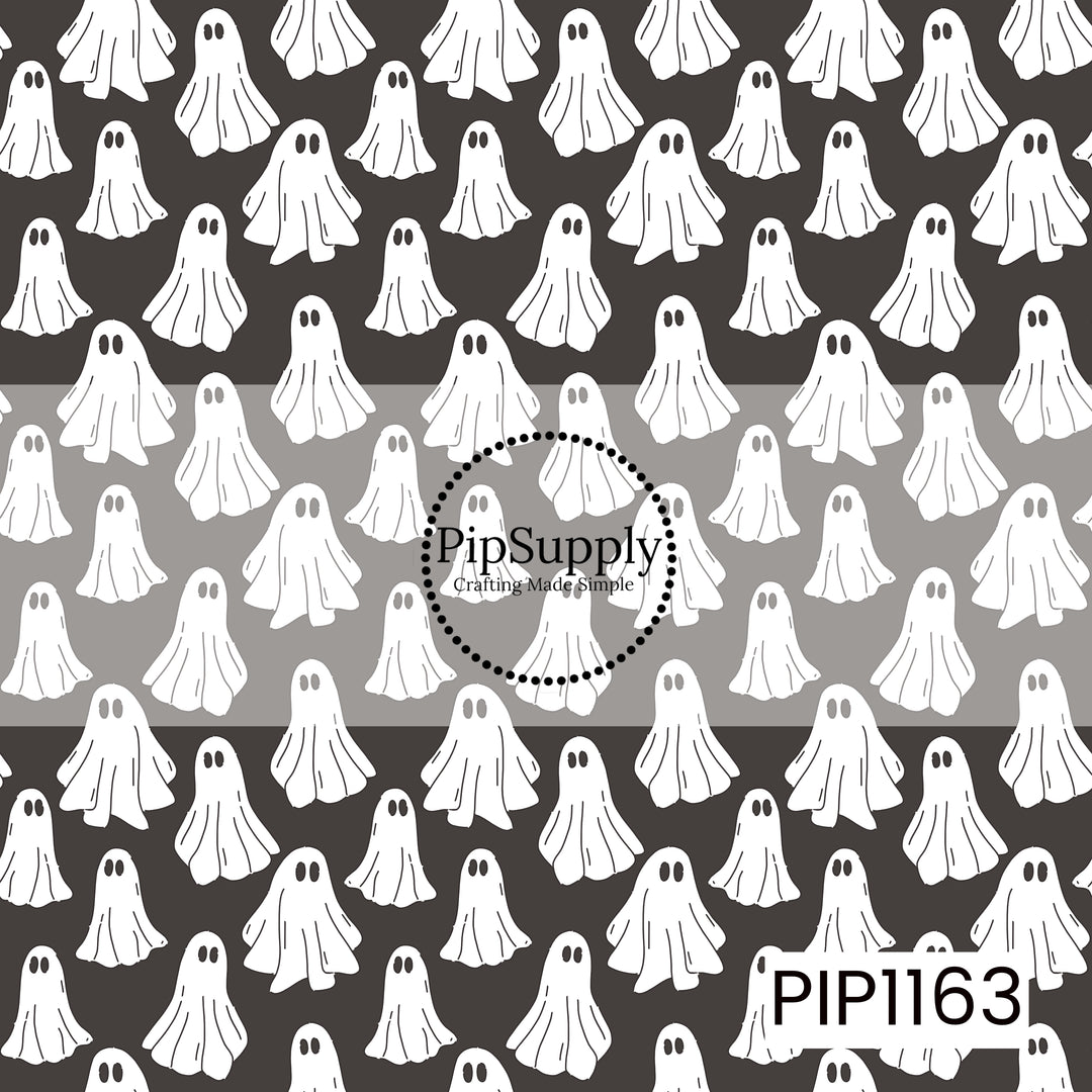 A playful ghost pattern featuring hand-drawn white ghosts scattered across a deep charcoal background. The simple black details and varied ghost shapes give it a cute, whimsical Halloween feel.

