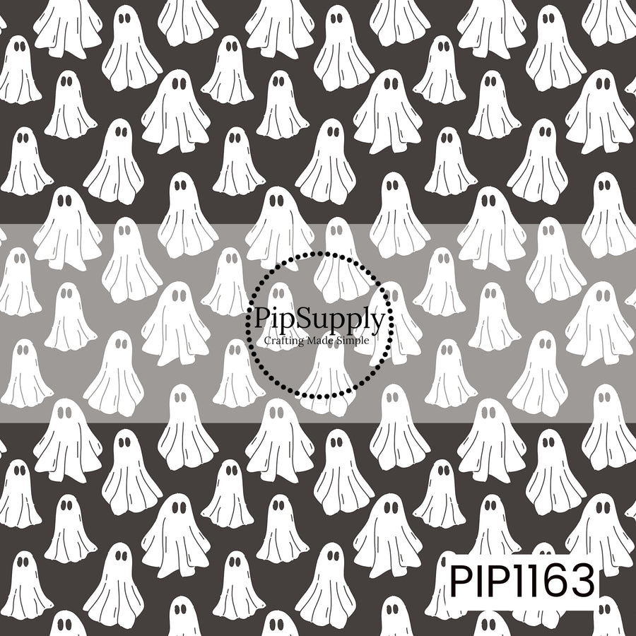 A playful ghost pattern featuring hand-drawn white ghosts scattered across a deep charcoal background. The simple black details and varied ghost shapes give it a cute, whimsical Halloween feel.
