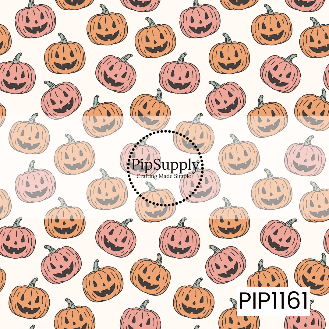 A playful pumpkin pattern featuring hand-drawn jack-o’-lanterns in warm orange and coral pink on a soft cream background. The mix of cheerful faces and scattered placement gives it a fun retro Halloween feel.
