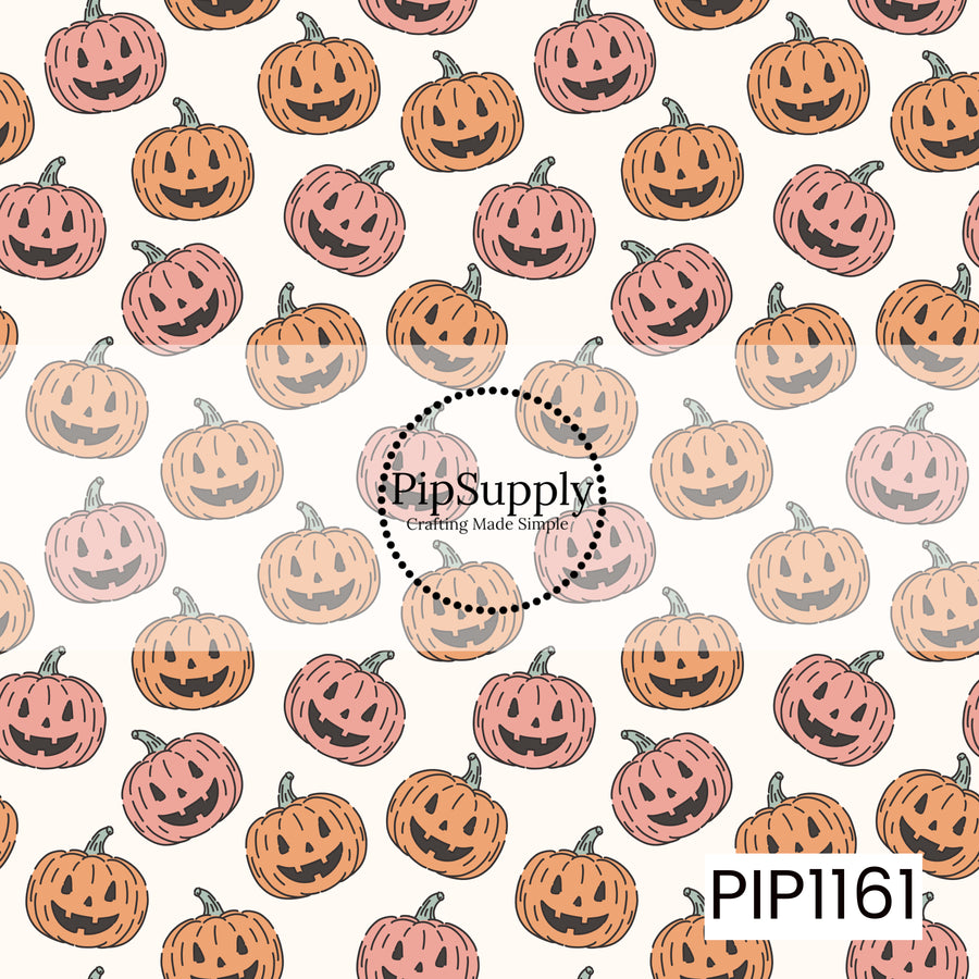 A playful pumpkin pattern featuring hand-drawn jack-o’-lanterns in warm orange and coral pink on a soft cream background. The mix of cheerful faces and scattered placement gives it a fun retro Halloween feel.
