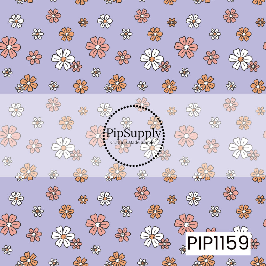 A retro floral pattern featuring coral pink, orange, and white hand-drawn flowers scattered across a soft lavender background. The playful mix of bloom sizes gives it a sweet vintage-inspired look.
