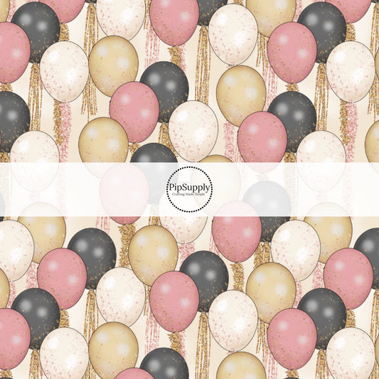 Cream, pink, and black balloons on cream fabric by the yard.