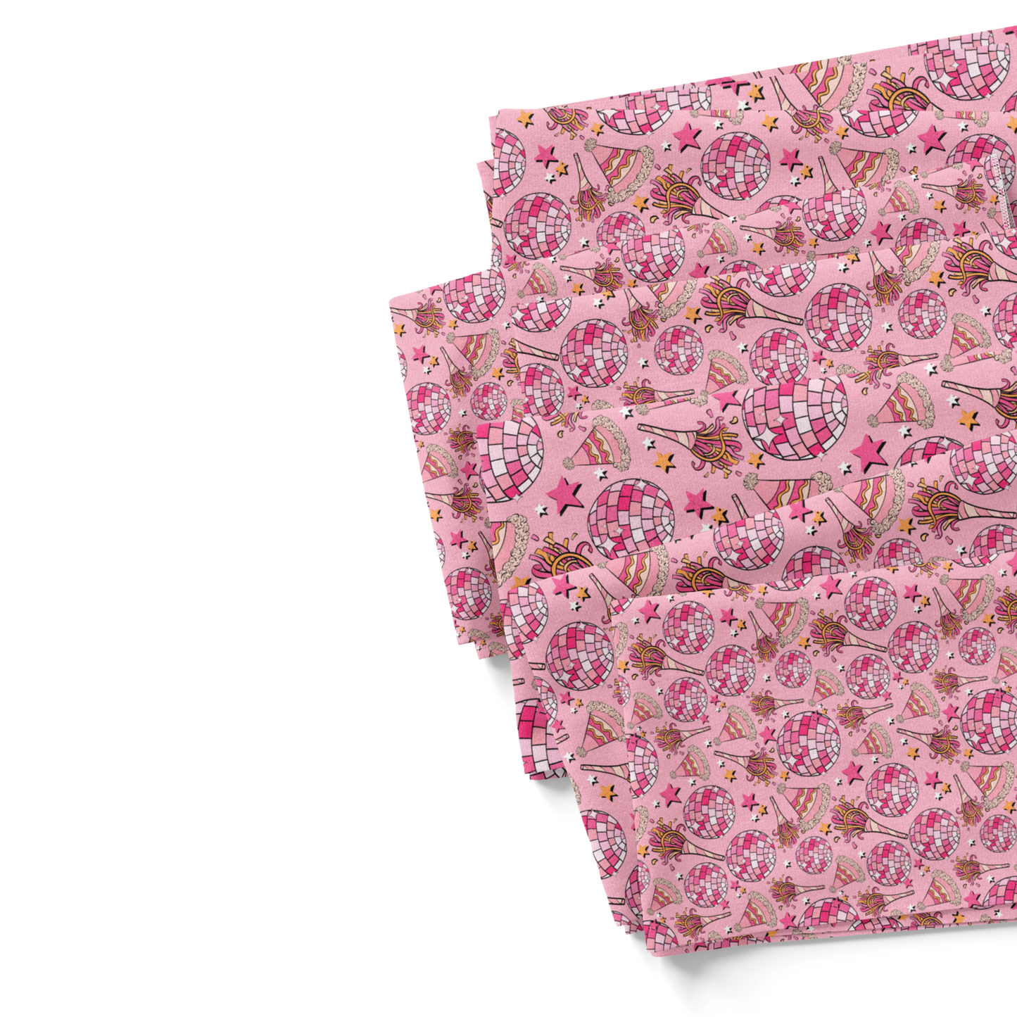 Pink fabric by the yard swatches with disco balls, party hats, stars, and confetti.