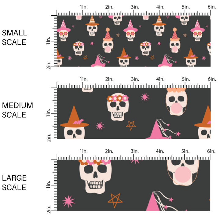 Black fabric by the yard scaled image guide with party skeletons wearing hats.