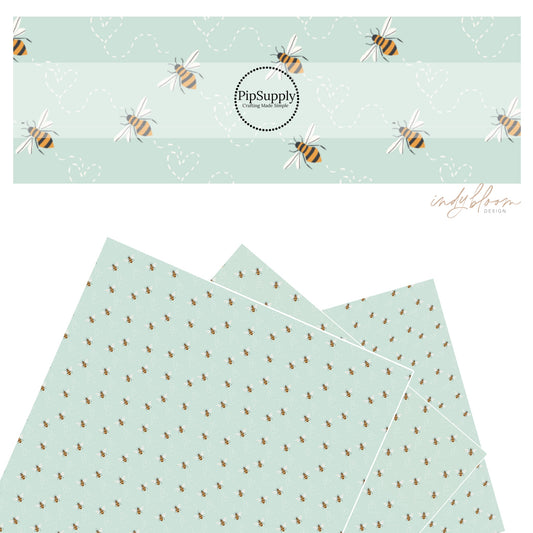 These Valentine's pattern themed faux leather sheets contain the following design elements: small bees and white hearts on pastel aqua. Our CPSIA compliant faux leather sheets or rolls can be used for all types of crafting projects.