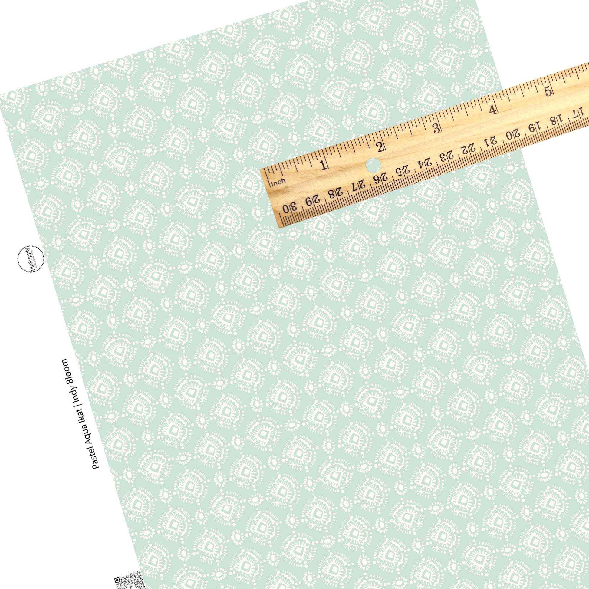 These Valentine's pattern themed faux leather sheets contain the following design elements: ivory ikat pattern on pastel aqua. Our CPSIA compliant faux leather sheets or rolls can be used for all types of crafting projects.