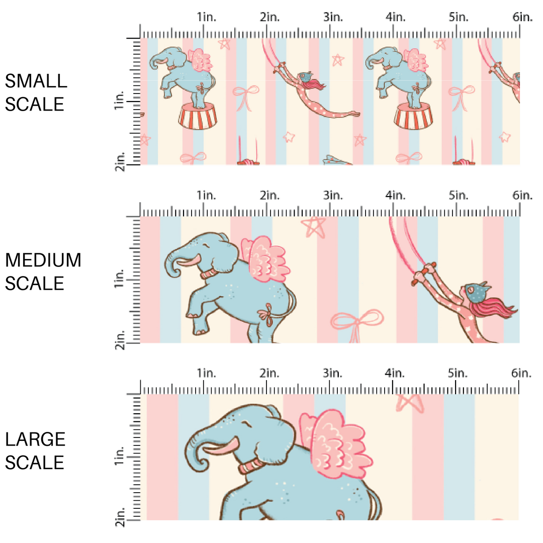 Circus Things and Acts on Cream, Pink, and Blue Stripes Fabric by the Yard scaled image guide.