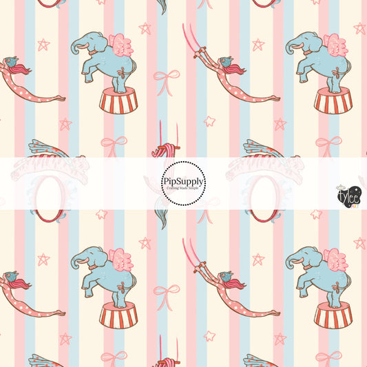 Circus Things and Acts on Cream, Pink, and Blue Stripes Fabric by the Yard.