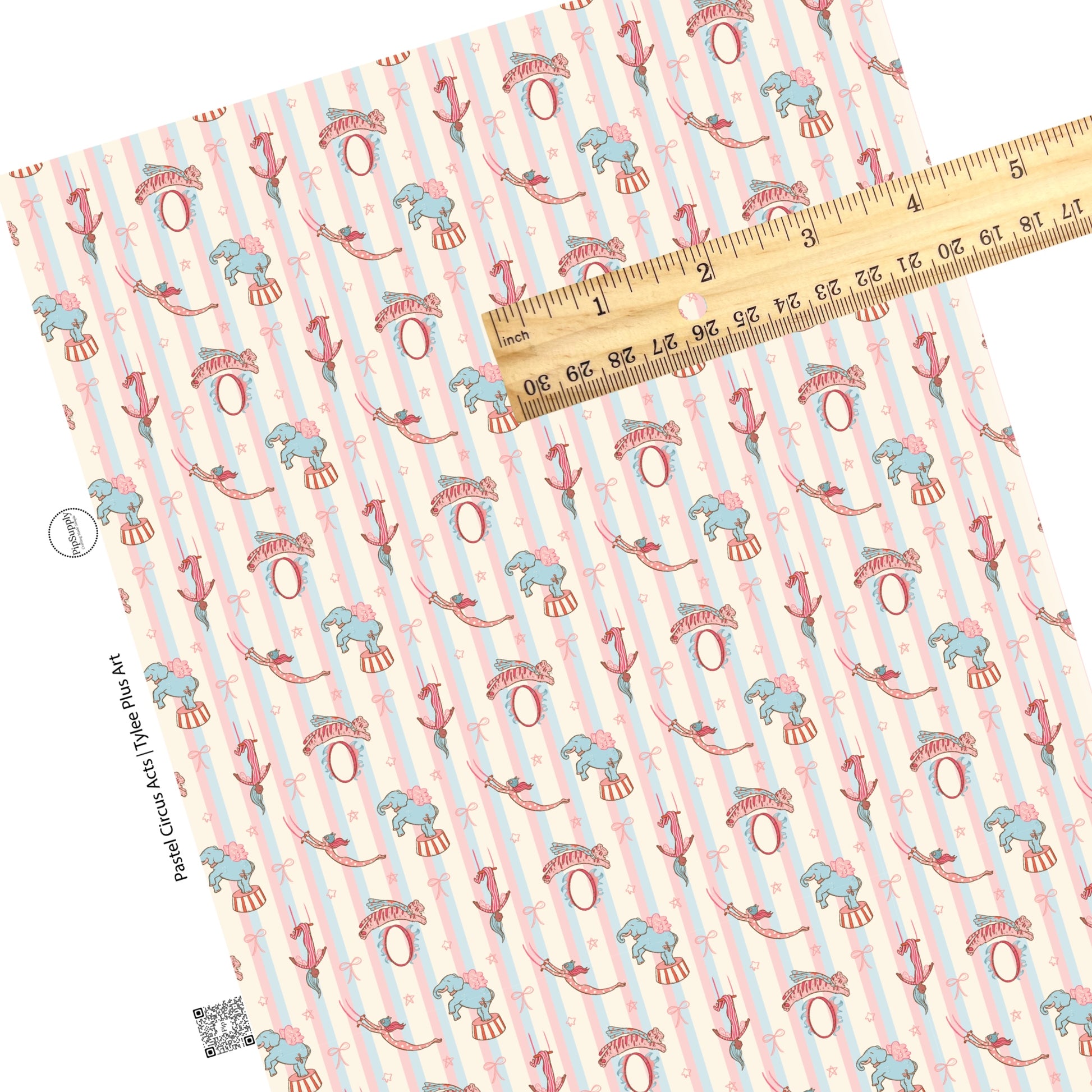 These stripe faux leather sheets contain the following design elements: circus animals on pastel pink, blue and cream stripes. Our CPSIA compliant faux leather sheets or rolls can be used for all types of crafting projects. 
