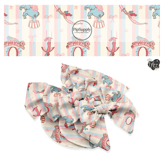 These stripe themed no sew bow strips can be easily tied and attached to a clip for a finished hair bow. These patterned bow strips are great for personal use or to sell. These bow strips features circus animals on pastel pink, blue, and cream stripes.