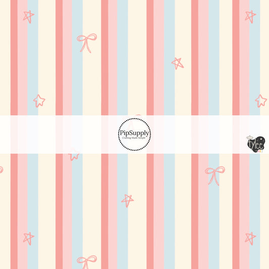 Bows and Stars on Cream, Pink, and Blue Stripes Fabric by the Yard.