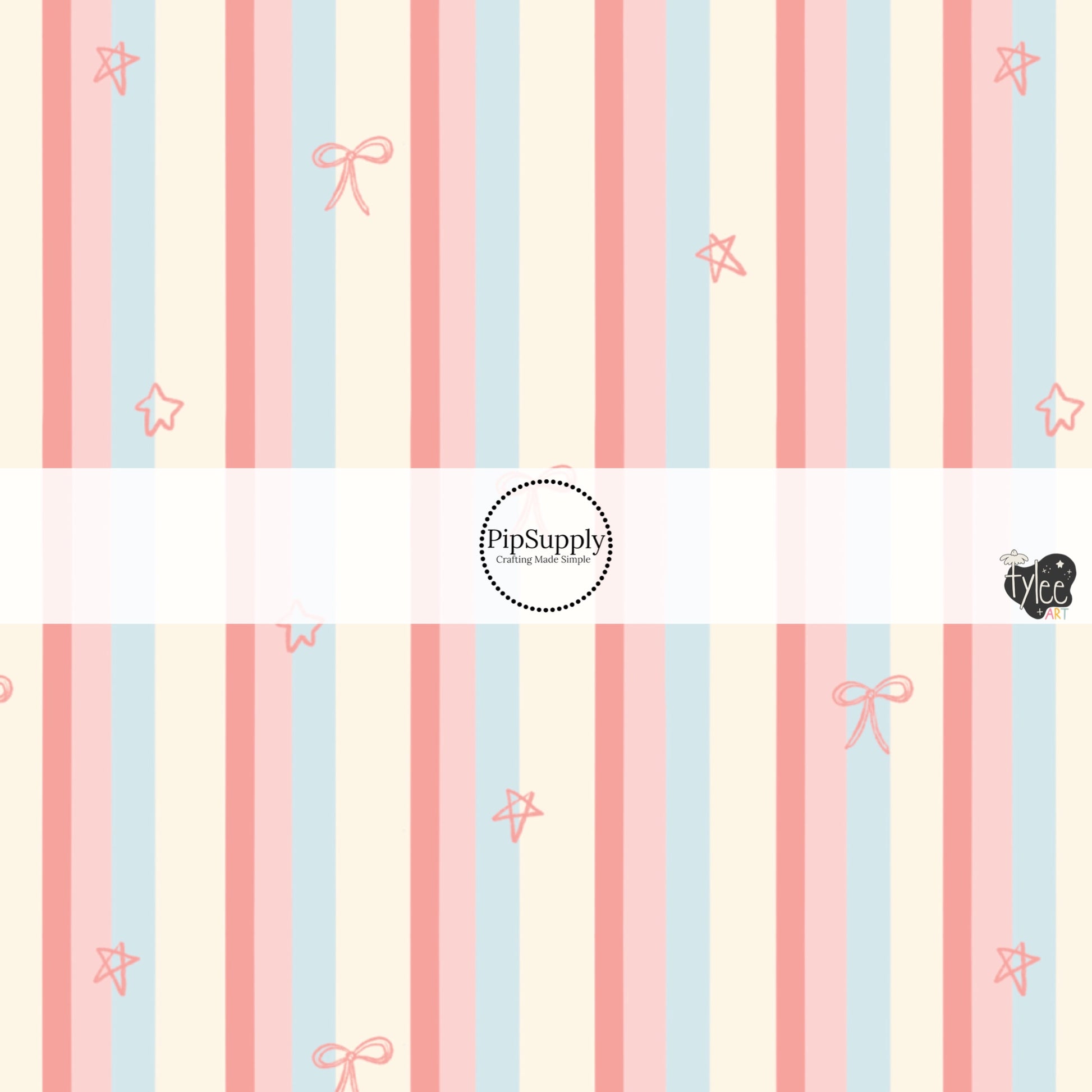 Bows and Stars on Cream, Pink, and Blue Stripes Fabric by the Yard.