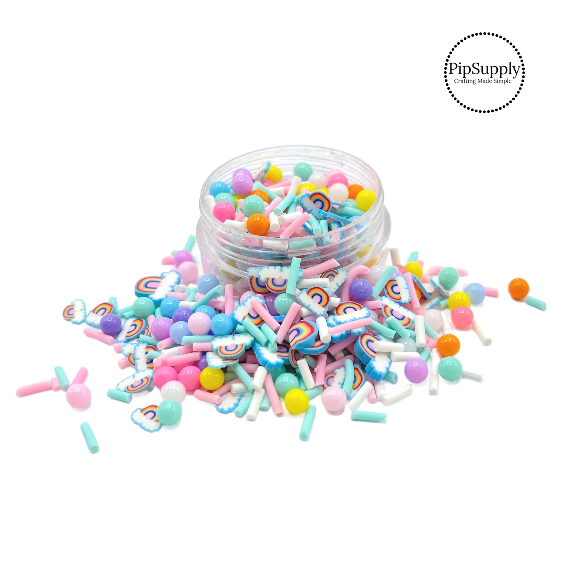 This pastel multi colored clay slices mix is versatile for many craft projects. This spring mix has beads, sprinkles, clay slices of rainbows and clouds. You can use it to add sparkle and decoration to resin projects, filling for shaker bows, slime making, party decor, scrapbooking, card making and nail art. 