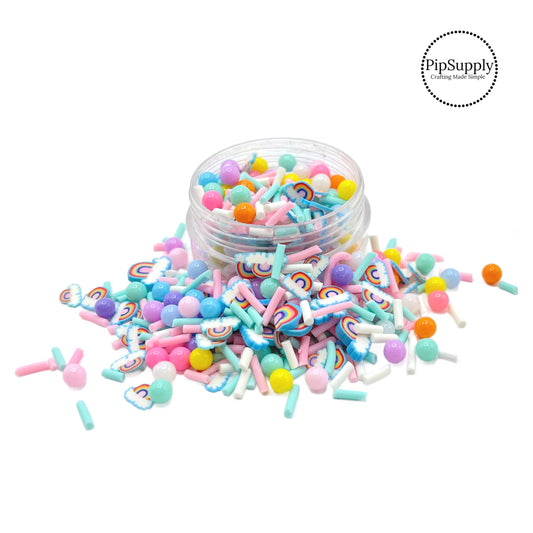 This pastel multi colored clay slices mix is versatile for many craft projects. This spring mix has beads, sprinkles, clay slices of rainbows and clouds. You can use it to add sparkle and decoration to resin projects, filling for shaker bows, slime making, party decor, scrapbooking, card making and nail art. 