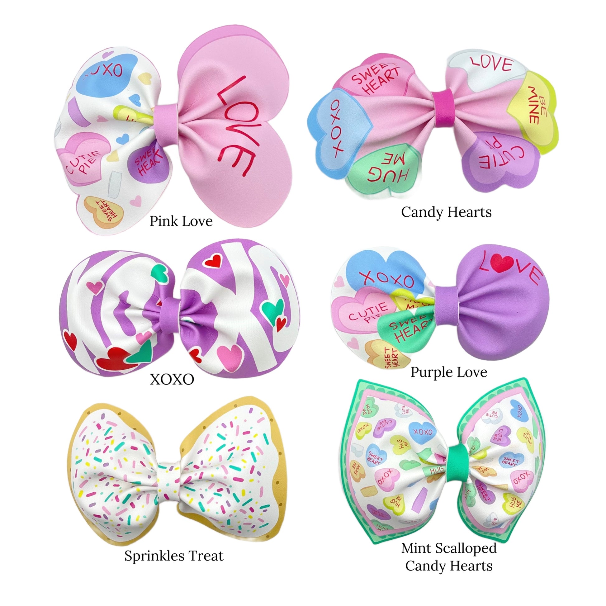 Pastel candy conversation hearts with sprinkled treats faux leather hair bows template names