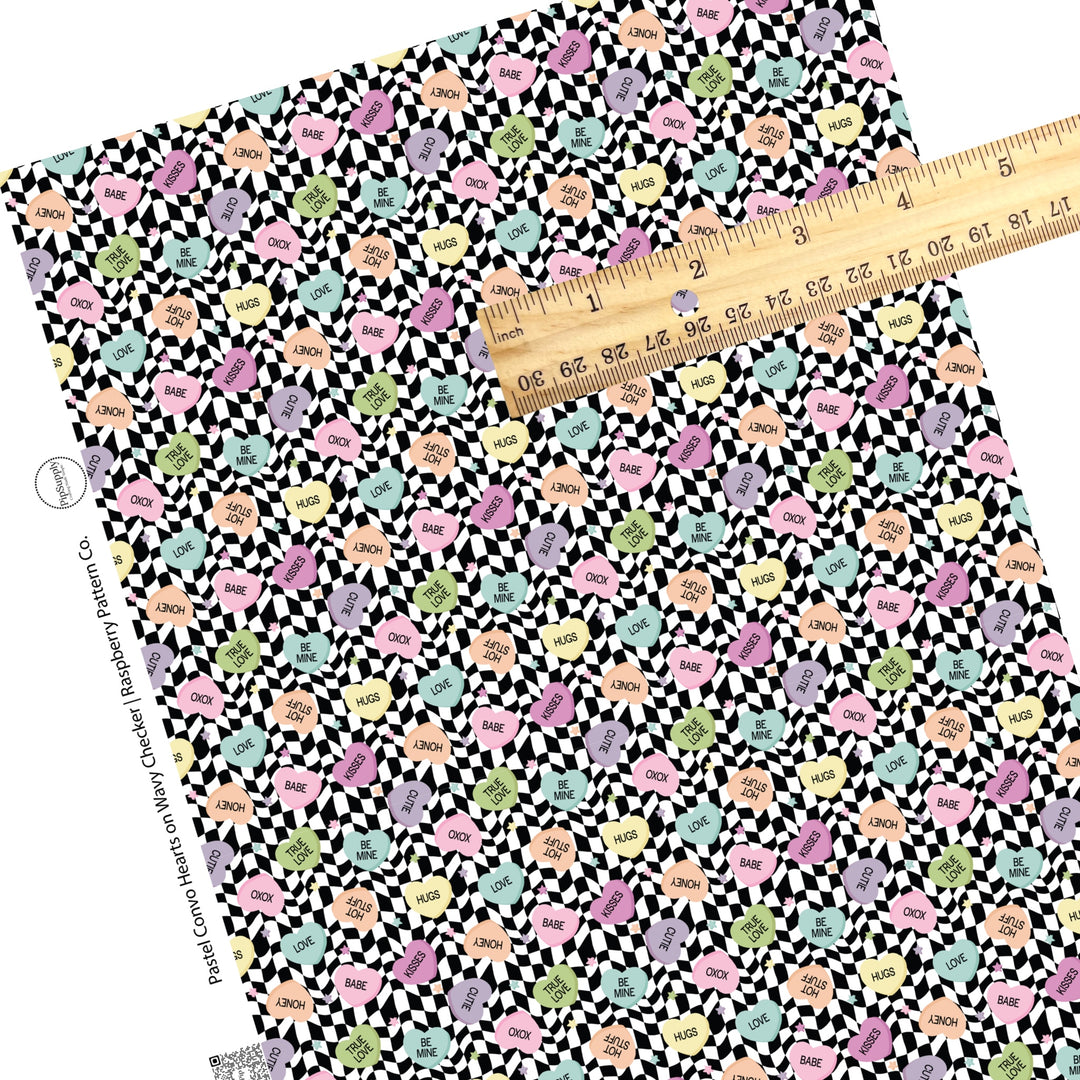 These Valentine's checker pattern themed faux leather sheets contain the following design elements: pastel conversation hearts on white and black wavy checker pattern. Our CPSIA compliant faux leather sheets or rolls can be used for all types of crafting projects.