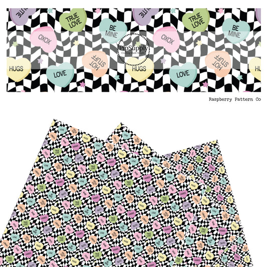 These Valentine's checker pattern themed faux leather sheets contain the following design elements: pastel conversation hearts on white and black wavy checker pattern. Our CPSIA compliant faux leather sheets or rolls can be used for all types of crafting projects.