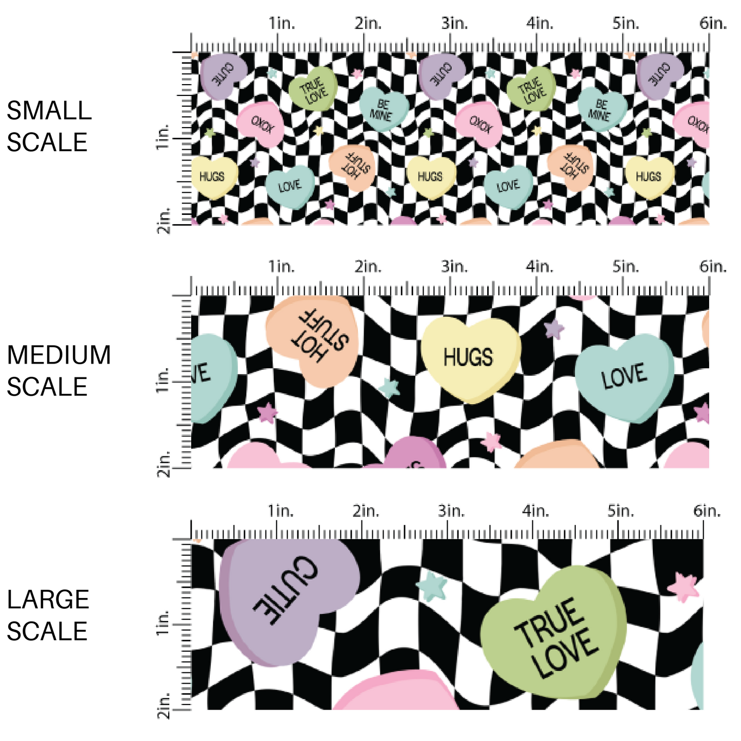 Pastel Conversation Hearts on Black and White Wavy Checkered Fabric by the Yard scaled image guide.