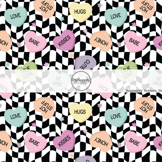 Pastel Conversation Hearts on Black and White Wavy Checkered Fabric by the Yard.