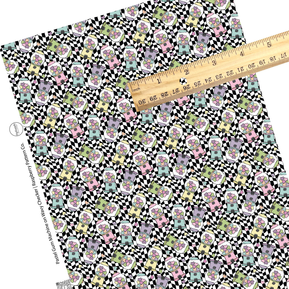 These Valentine's checker pattern themed faux leather sheets contain the following design elements: pastel gum machines on white and black wavy checker pattern. Our CPSIA compliant faux leather sheets or rolls can be used for all types of crafting projects.