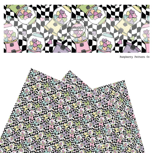 These Valentine's checker pattern themed faux leather sheets contain the following design elements: pastel gum machines on white and black wavy checker pattern. Our CPSIA compliant faux leather sheets or rolls can be used for all types of crafting projects.