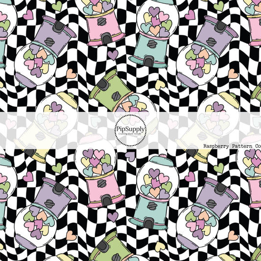 Pastel Gumball Machines on Black and White Wavy Checkered Fabric by the Yard.