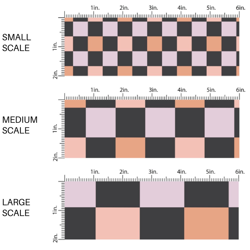 Black, pink, and orange checkered print fabric by the yard scaled image guide.