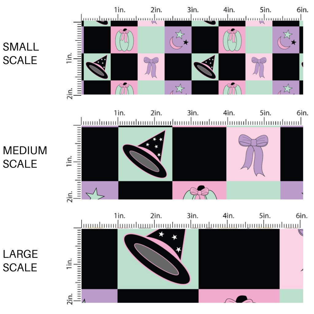 This scale chart of small scale, medium scale, and large scale of these Halloween themed pattern fabric by the yard features the following design elements: pastel colorful gingham pattern with pumpkins, stars, moons, and witch hats. This fun spooky themed fabric can be used for all your sewing and crafting needs!