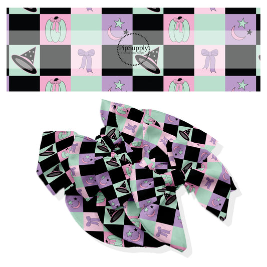 These Halloween themed no sew bow strips can be easily tied and attached to a clip for a finished hair bow. These fun spooky patterned bow strips are great for personal use or to sell. These bow strips feature the following design elements: pastel colorful gingham pattern with pumpkins, stars, moons, and witch hats.