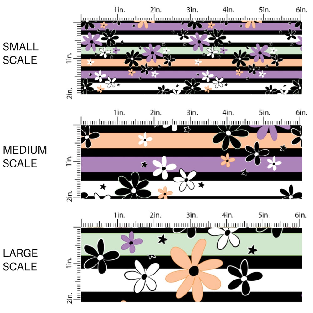 This scale chart of small scale, medium scale, and large scale of these Halloween themed pattern fabric by the yard features the following design elements: colorful stripe pattern with small daisy flowers. This fun spooky themed fabric can be used for all your sewing and crafting needs!