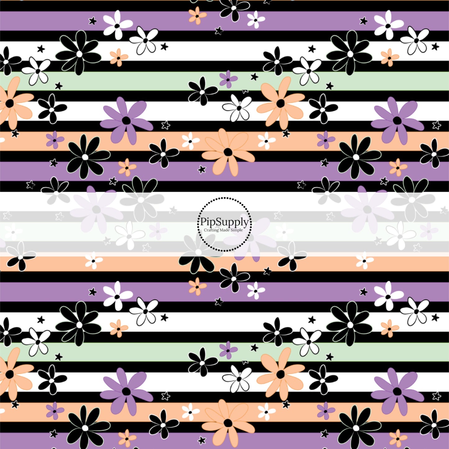 These Halloween themed pattern fabric by the yard features the following design elements: colorful stripe pattern with small daisy flowers. This fun spooky themed fabric can be used for all your sewing and crafting needs!