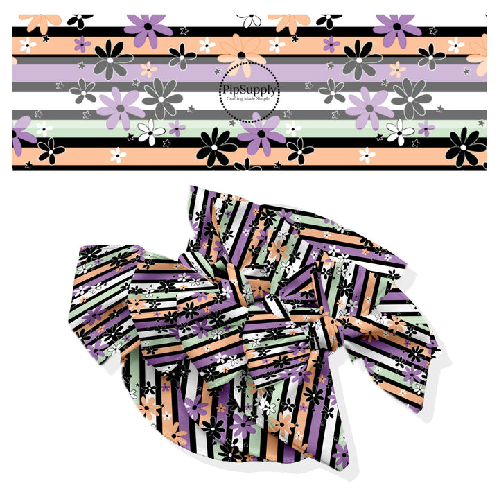 These Halloween themed no sew bow strips can be easily tied and attached to a clip for a finished hair bow. These fun spooky patterned bow strips are great for personal use or to sell. These bow strips feature the following design elements: colorful stripe pattern with small daisy flowers.