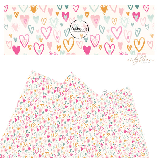 These Valentine's pattern themed faux leather sheets contain the following design elements: pink, aqua, teal, and mustard colored doodle hearts on cream. Our CPSIA compliant faux leather sheets or rolls can be used for all types of crafting projects.