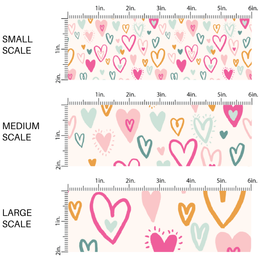 Pastel Multi-Colored Doodled Hearts on Cream Fabric by the Yard scaled image guide.