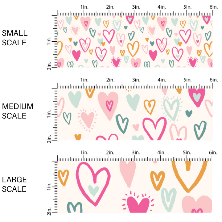 Pastel Multi-Colored Doodled Hearts on Cream Fabric by the Yard scaled image guide.