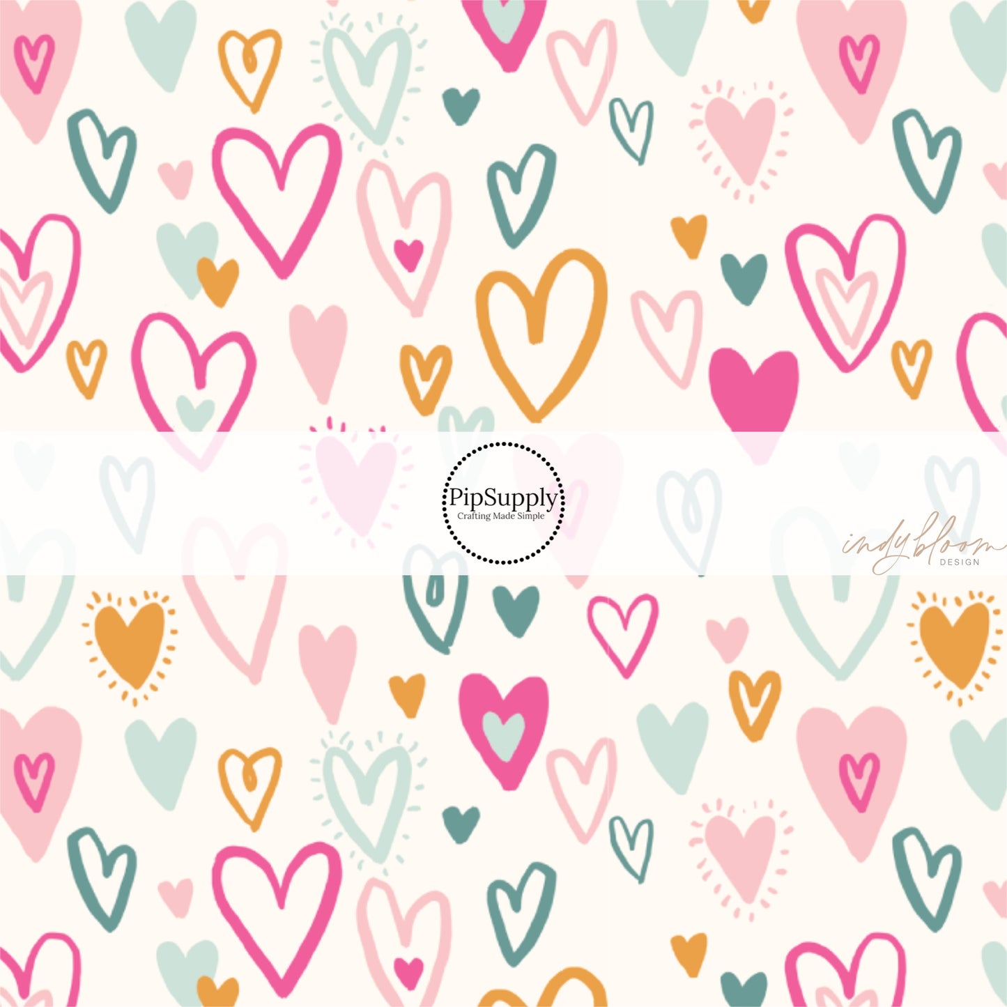 Pastel Multi-Colored Doodled Hearts on Cream Fabric by the Yard
