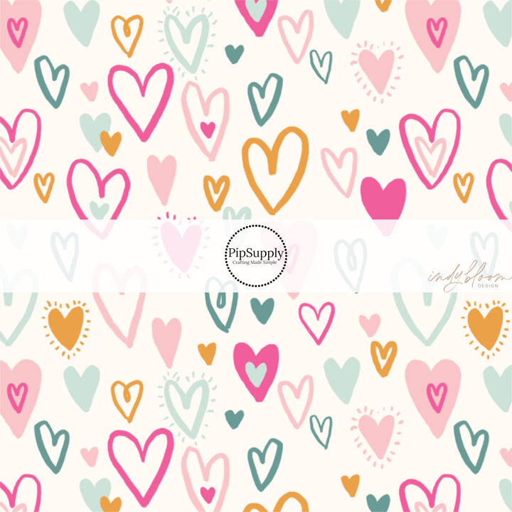 Pastel Multi-Colored Doodled Hearts on Cream Fabric by the Yard