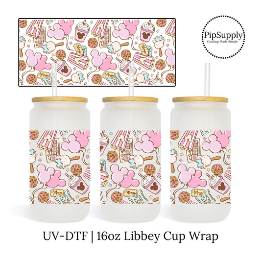 Pastel mouse theme park UV DTF 16 oz. Libbey Cup wrap transfer.
