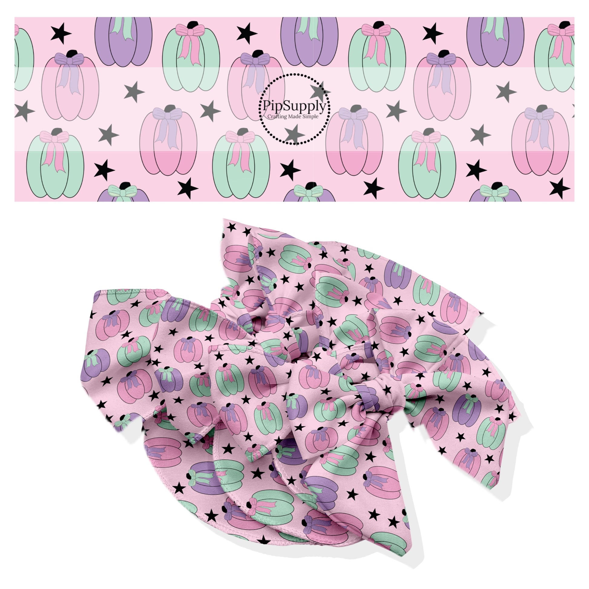 These Halloween themed no sew bow strips can be easily tied and attached to a clip for a finished hair bow. These fun spooky patterned bow strips are great for personal use or to sell. These bow strips feature the following design elements: colorful pumpkins on light pink.