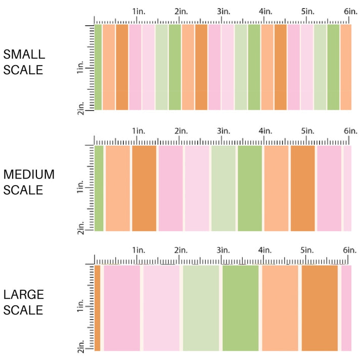 This scale chart of small scale, medium scale, and large scale of this stripe fabric by the yard features pastel colored stripes. This fun themed fabric can be used for all your sewing and crafting needs!