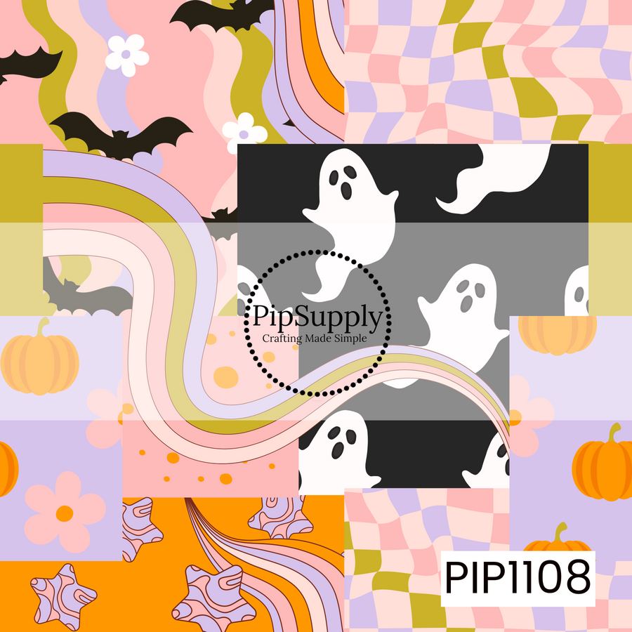 A seamless patchwork pattern featuring a playful mix of retro Halloween prints, including friendly ghosts, flying bats, pumpkins, flowers, wavy rainbows, checkerboard, and abstract swirls. Soft shades of pink, lavender, olive, orange, black, and white come together in a fun vintage-inspired collage full of spooky seasonal charm.
